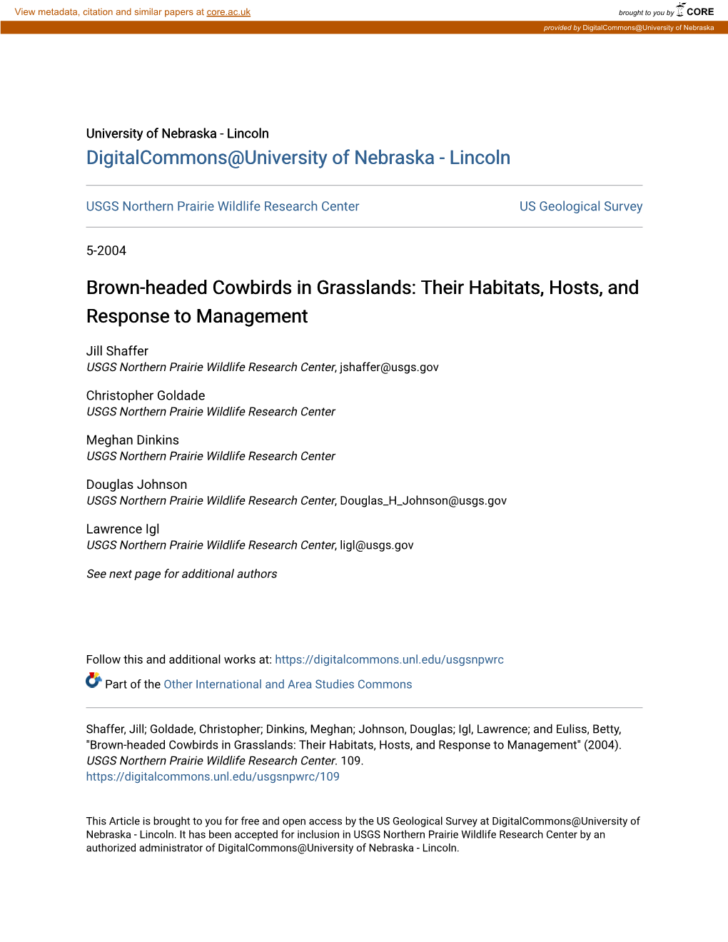 Brown-Headed Cowbirds in Grasslands: Their Habitats, Hosts, and Response to Management