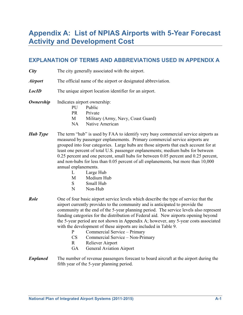 National Plan of Integrated Airport Systems (NPIAS), 2011-2015