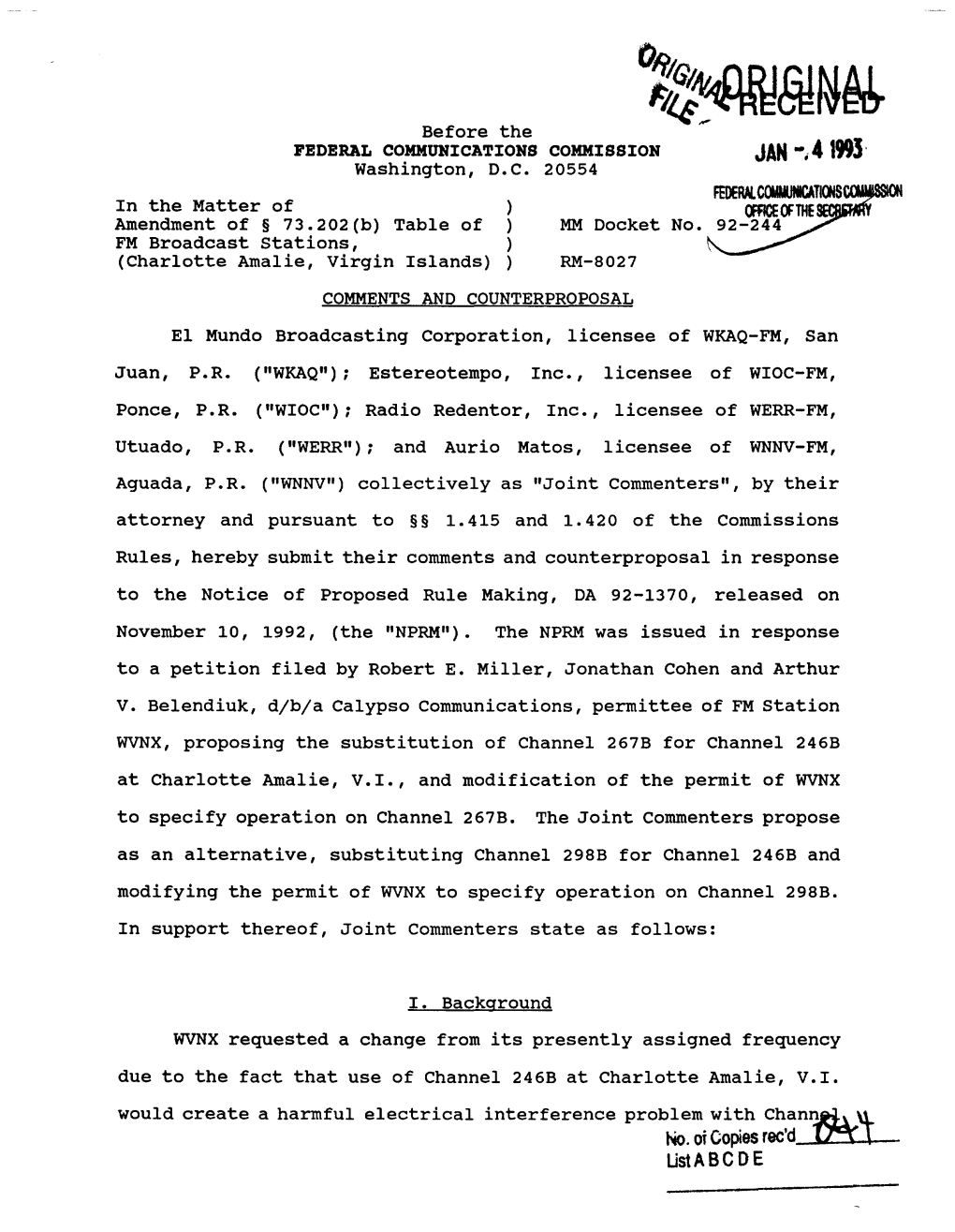 ~~~A!~~ Before the FEDERAL COMMUNICATIONS COMMISSION JAN ·,41993' Washington, D.C