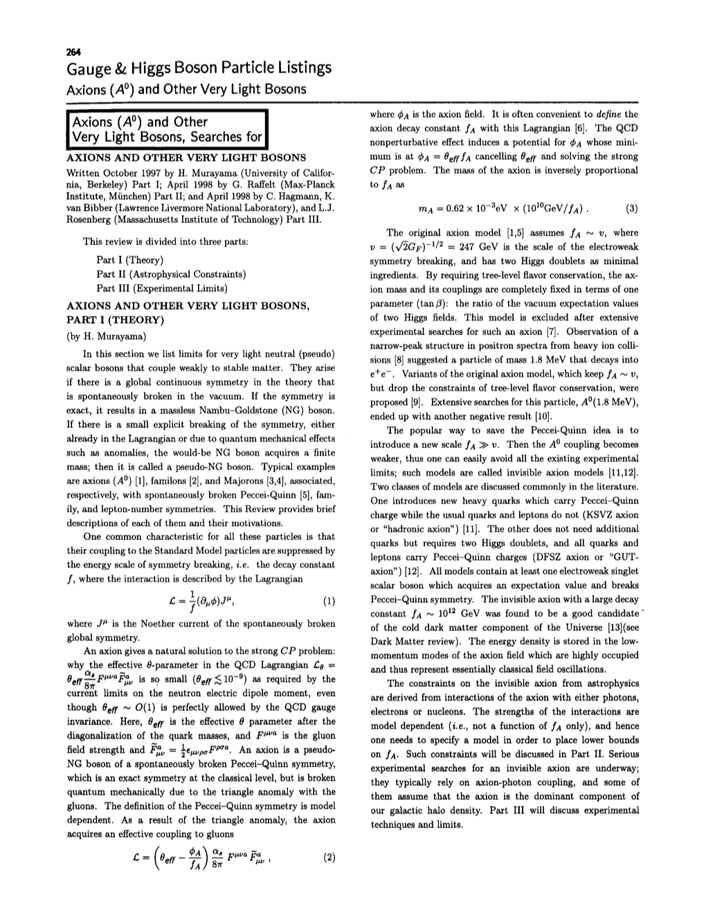 Gauge & Higgs Boson Particle Listings Axions