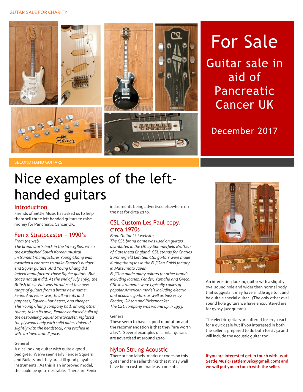 For Sale Guitar Sale in Aid of Pancreatic Cancer UK