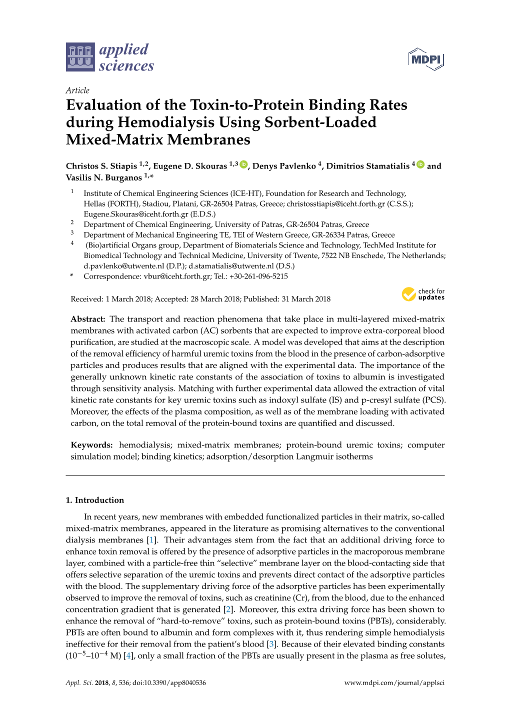 Evaluation of the Toxin-To-Protein Binding Rates During Hemodialysis Using Sorbent-Loaded Mixed-Matrix Membranes