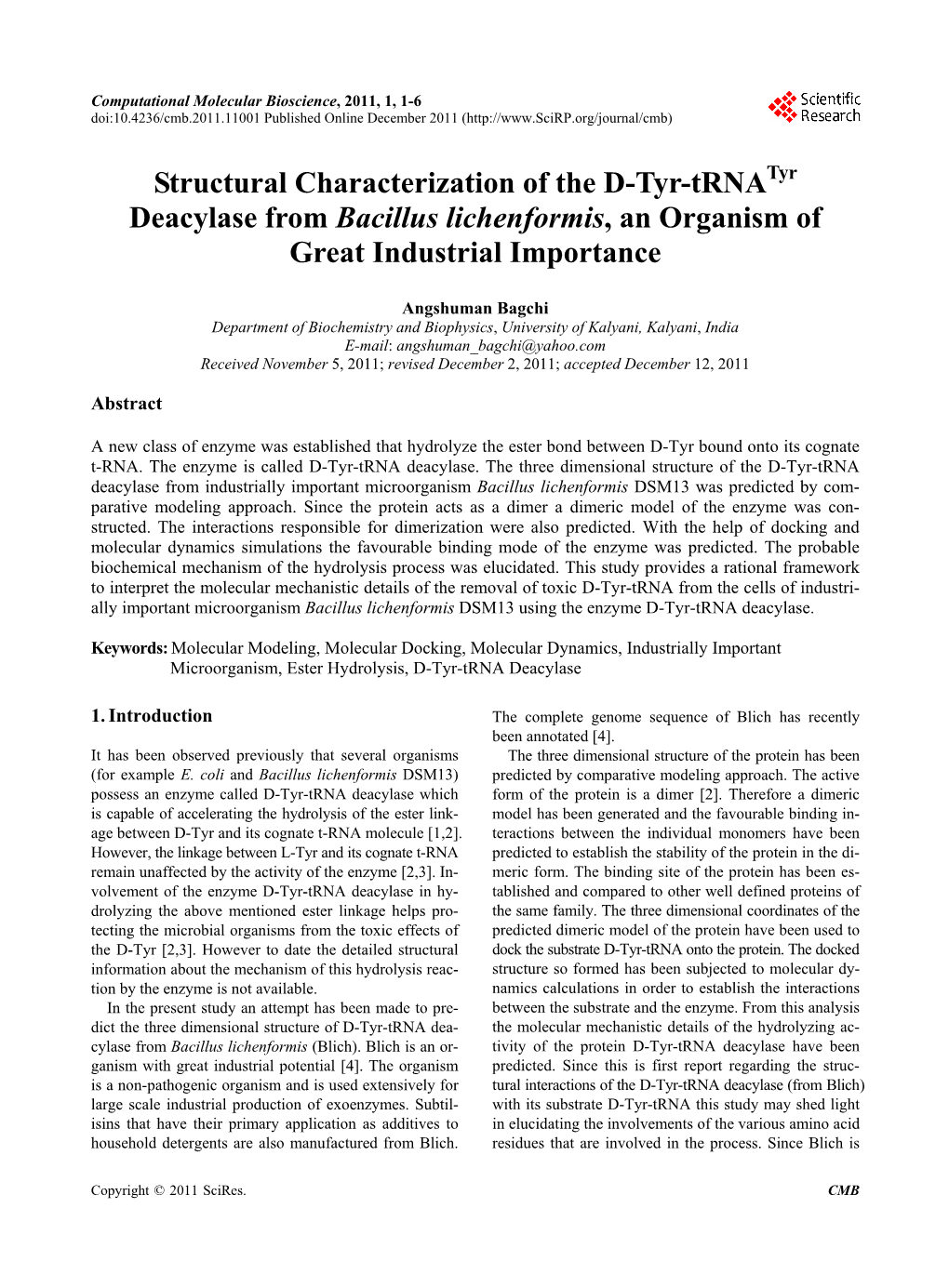 Structural Characterization of the D-Tyr-Trnatyr Deacylase from Bacillus Lichenformis, an Organism of Great Industrial Importance