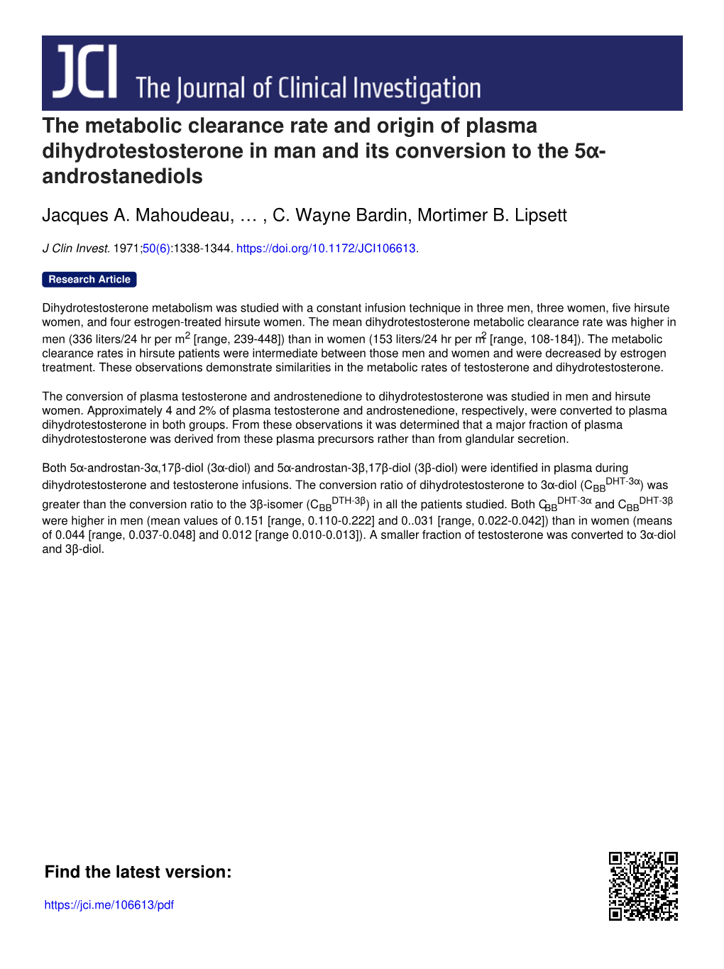The Metabolic Clearance Rate and Origin of Plasma Dihydrotestosterone in Man and Its Conversion to the 5Α- Androstanediols