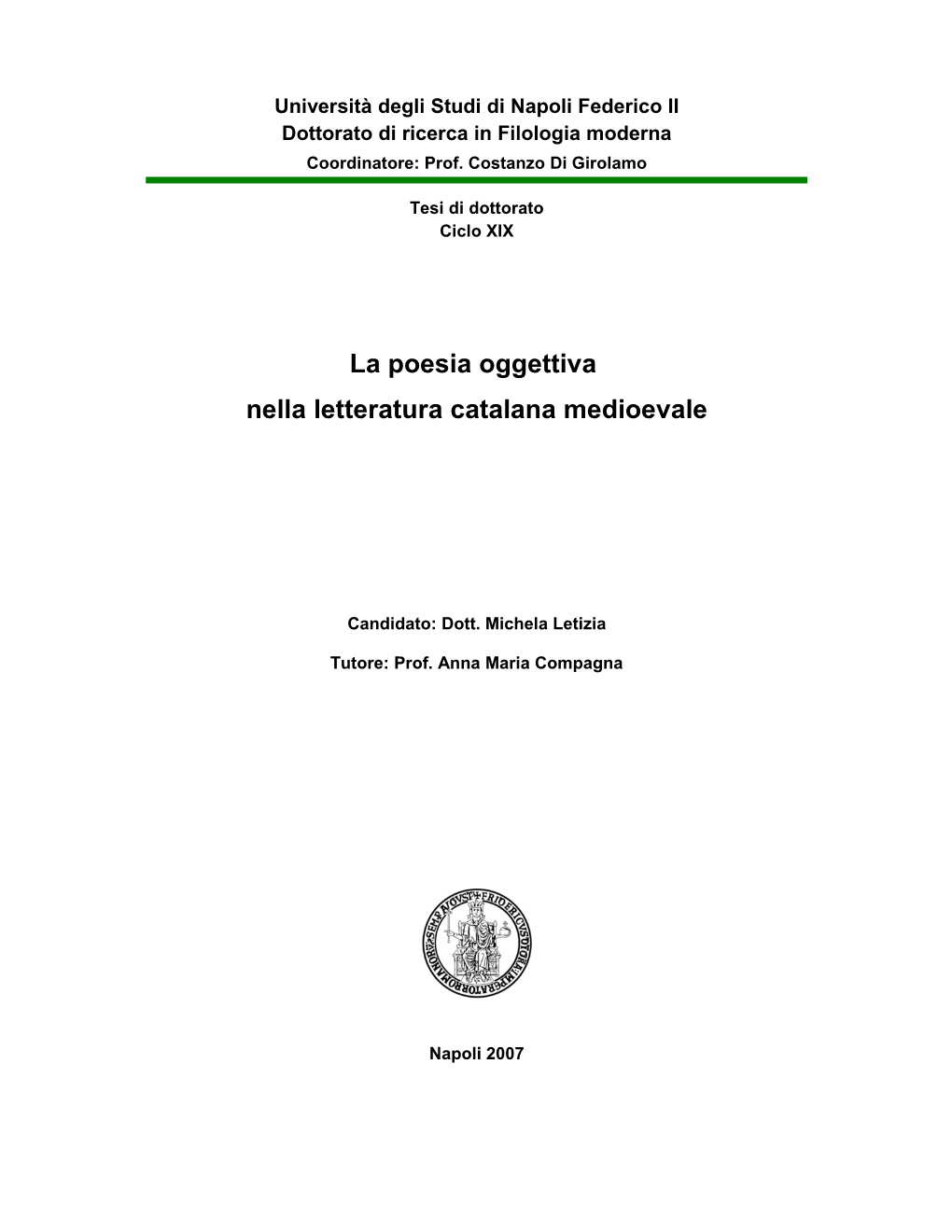 La Poesia Oggettiva Nella Letteratura Catalana Medioevale