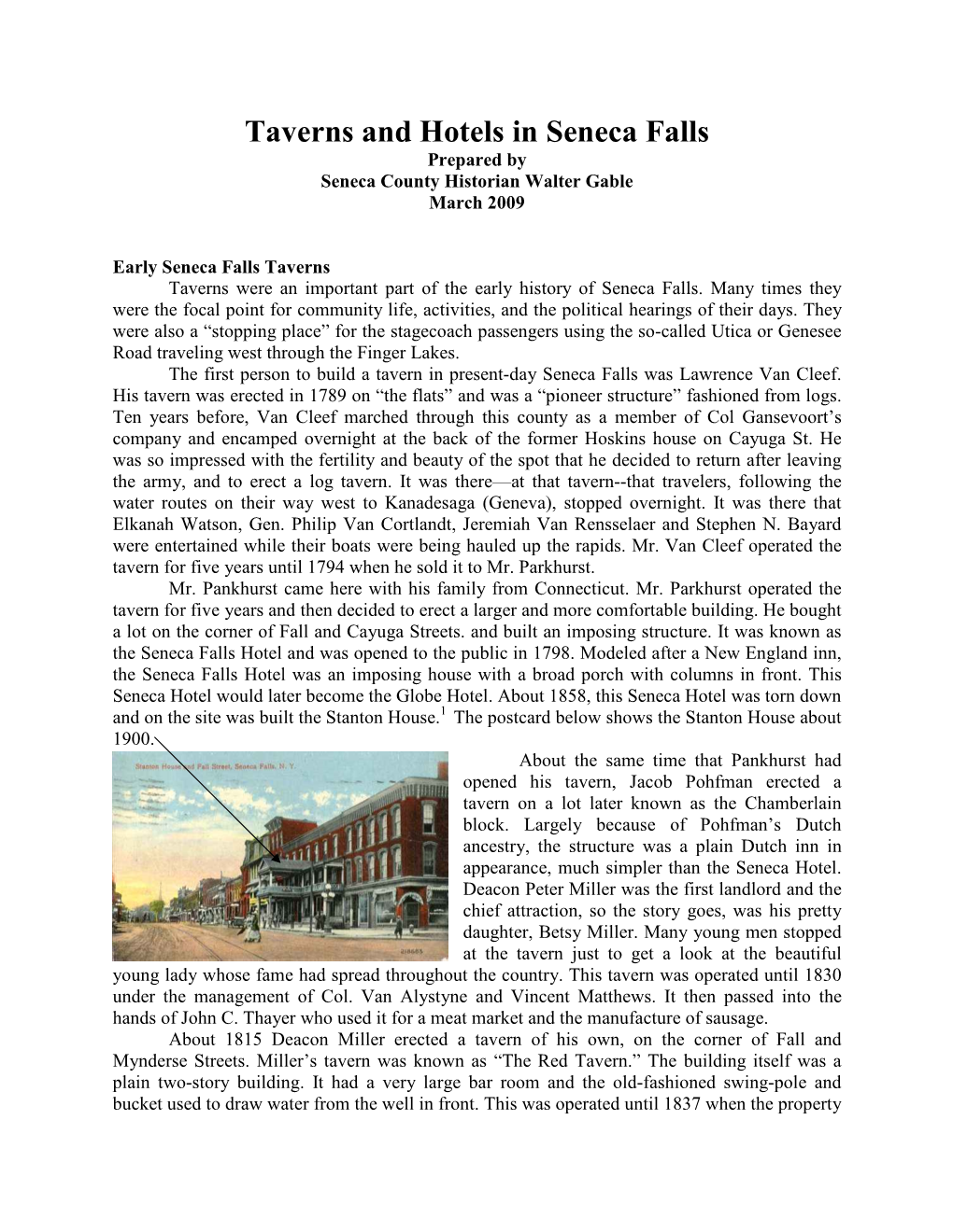 Taverns and Hotels in Seneca Falls Prepared by Seneca County Historian Walter Gable March 2009