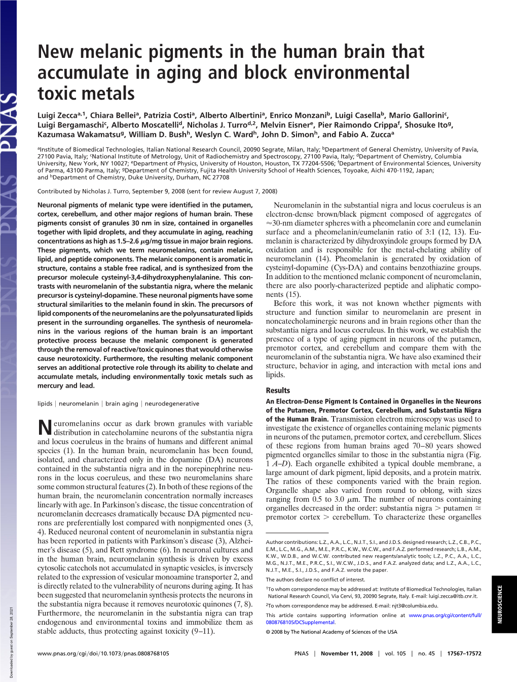 New Melanic Pigments in the Human Brain That Accumulate in Aging and Block Environmental Toxic Metals