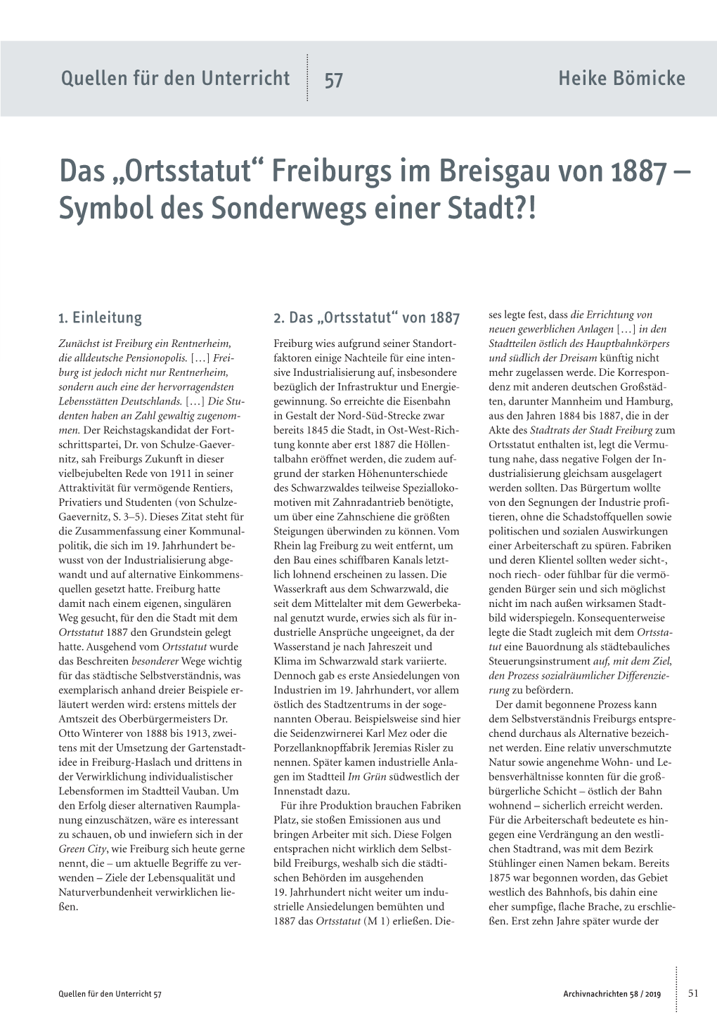 Freiburgs Im Breisgau Von 1887 – Symbol Des Sonderwegs Einer Stadt?!