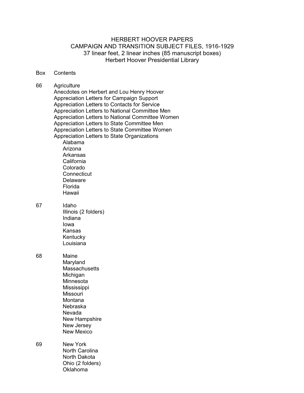 CAMPAIGN and TRANSITION SUBJECT FILES, 1916-1929 37 Linear Feet, 2 Linear Inches (85 Manuscript Boxes) Herbert Hoover Presidential Library