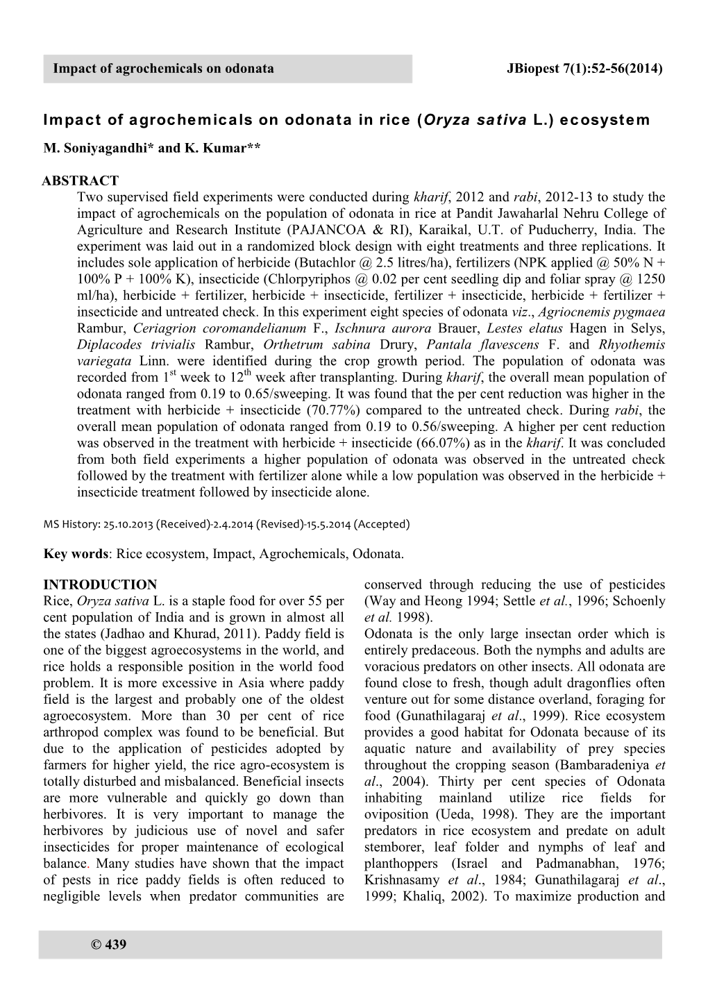 Impact of Agrochemicals on Odonata in Rice (Oryza Sativa L.) Ecosystem