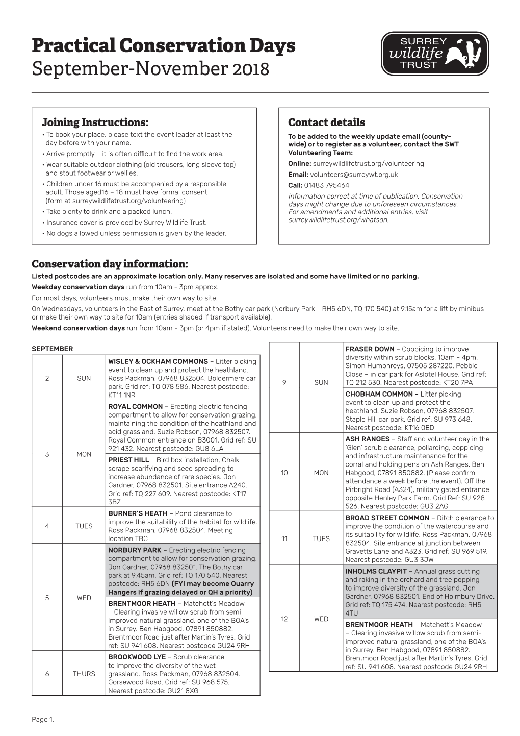Practical Conservation Days September-November 2018