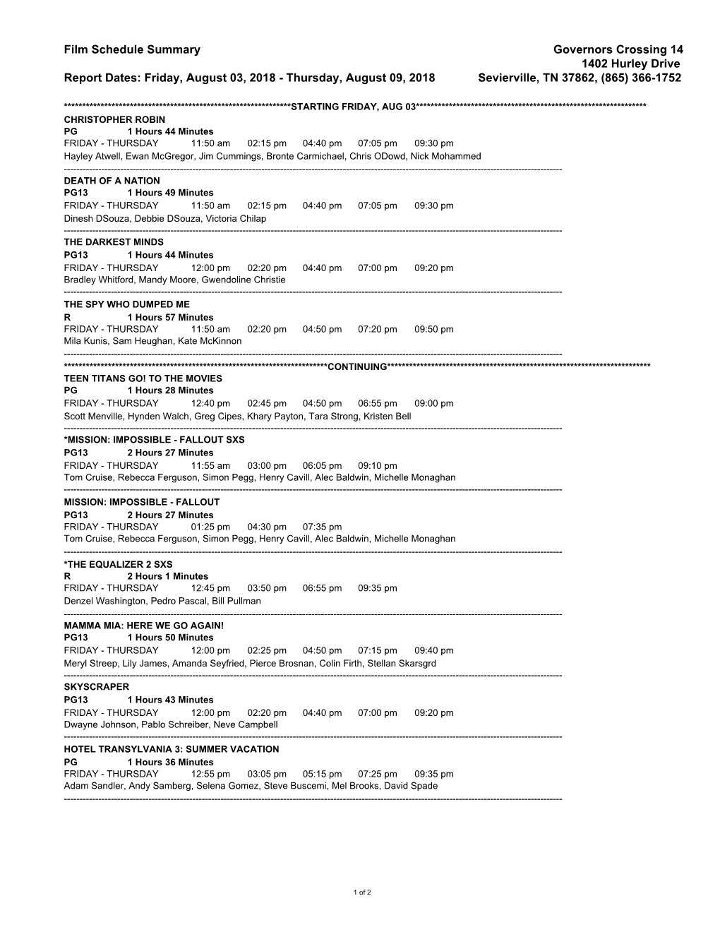 Film Schedule Summary Governors Crossing 14 1402 Hurley Drive Report Dates: Friday, August 03, 2018 - Thursday, August 09, 2018 Sevierville, TN 37862, (865) 366-1752