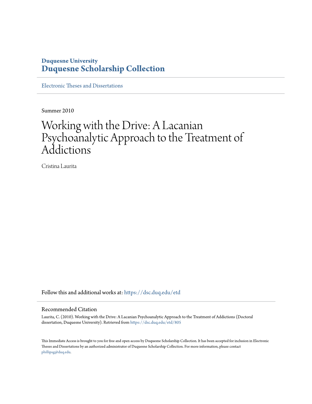 A Lacanian Psychoanalytic Approach to the Treatment of Addictions Cristina Laurita