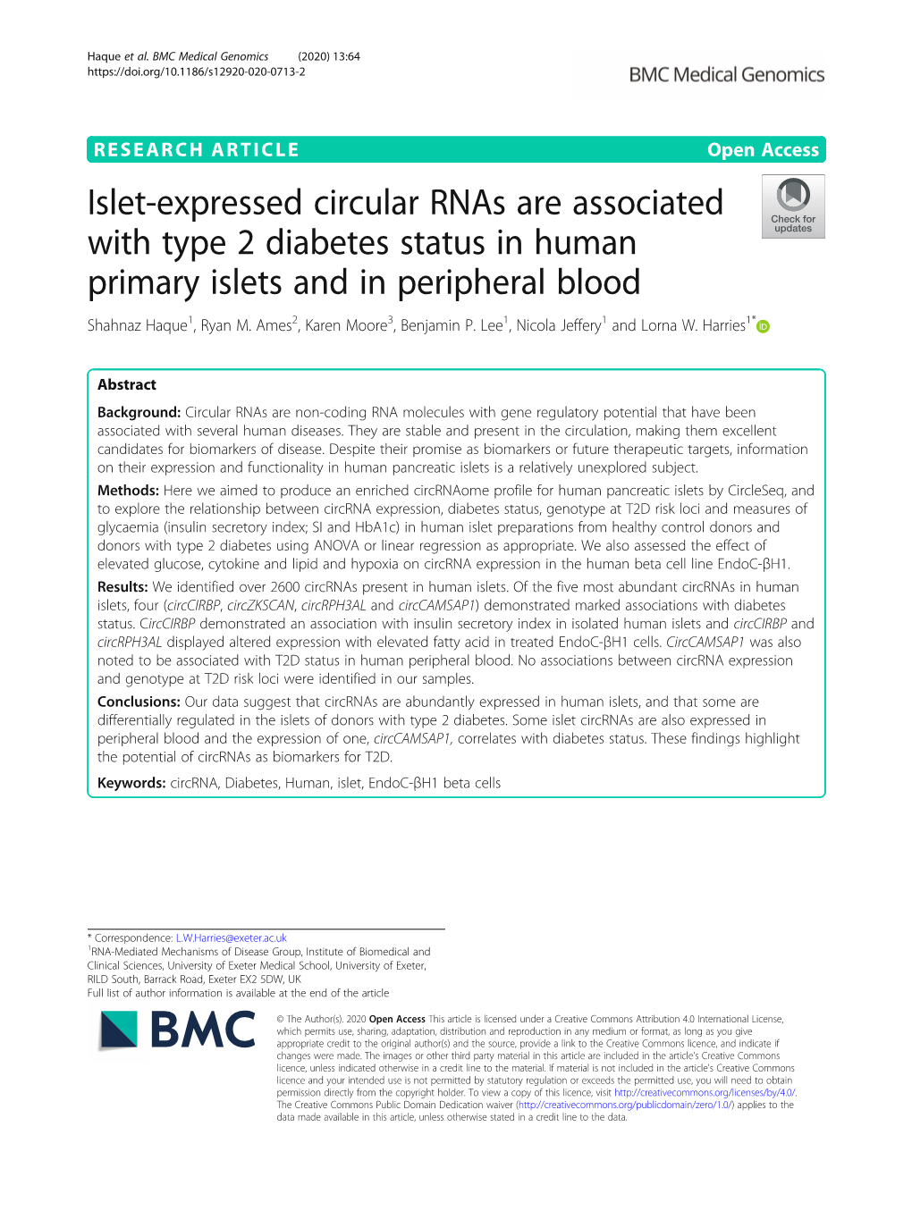 Islet-Expressed Circular Rnas Are Associated with Type 2 Diabetes Status in Human Primary Islets and in Peripheral Blood Shahnaz Haque1, Ryan M