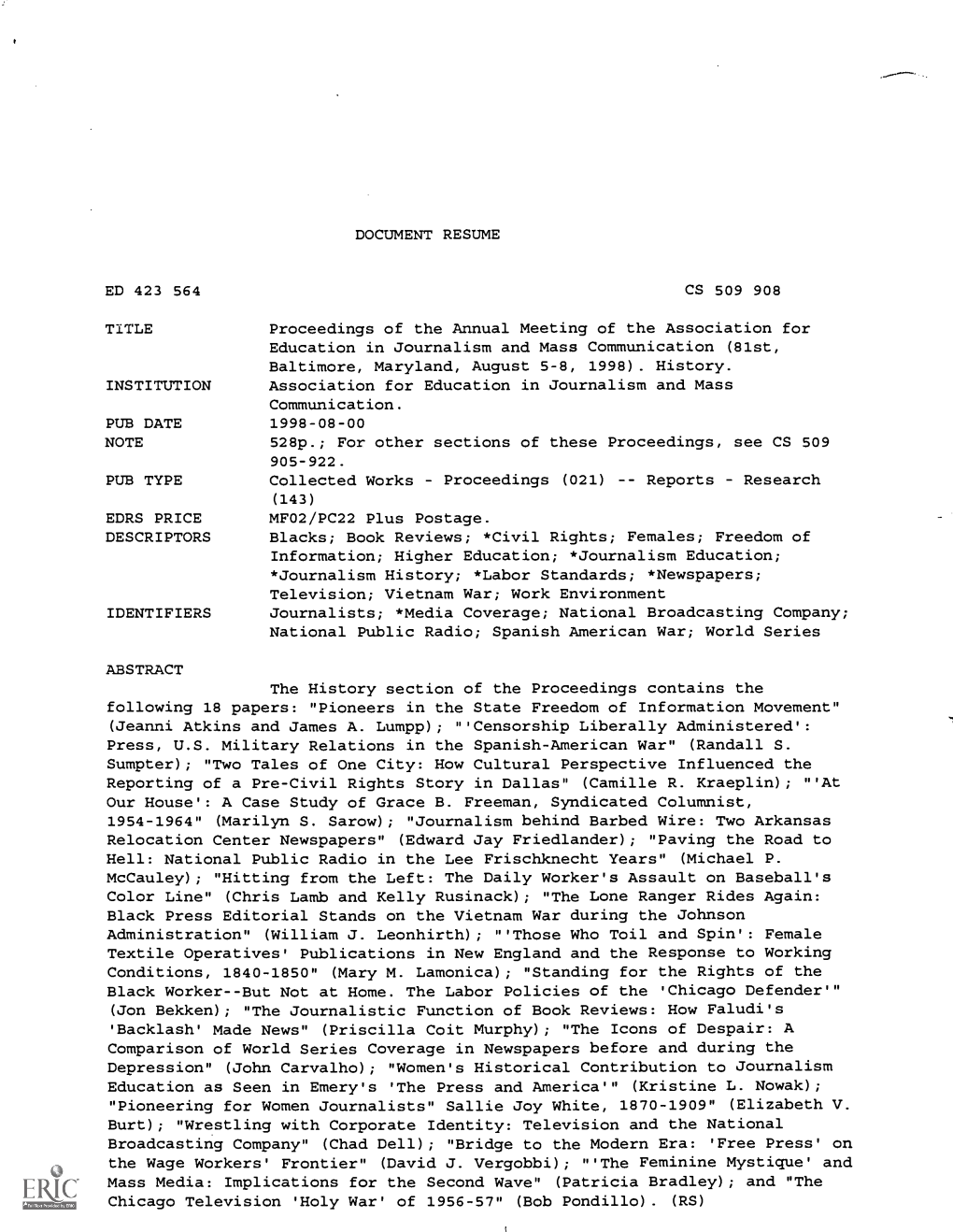 DOCUMENT RESUME CS 509 908 Proceedings of the Annual Meeting