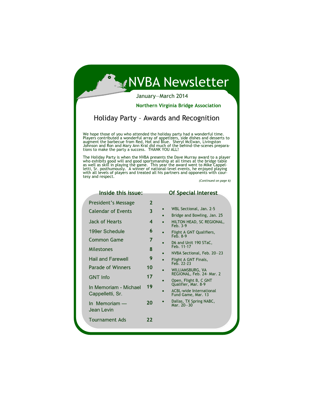 NVBA Newsletter Januarynovember—March 2014—December 2003 Northern Virginia Bridge Association Holiday Party – Awards and Recognition