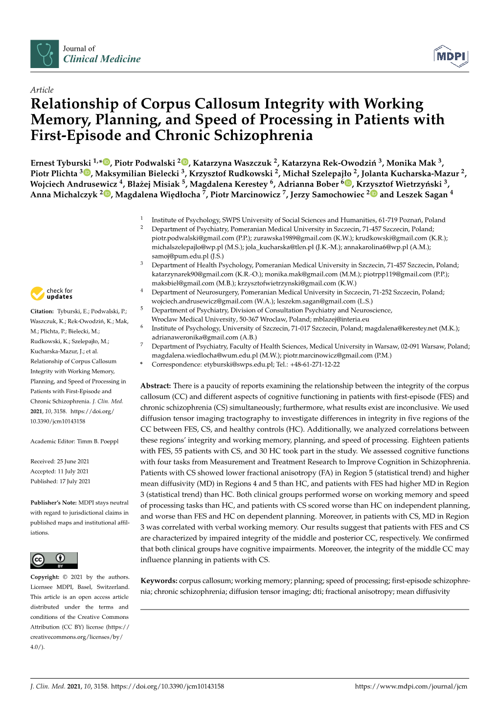 Relationship of Corpus Callosum Integrity with Working Memory, Planning, and Speed of Processing in Patients with First-Episode and Chronic Schizophrenia