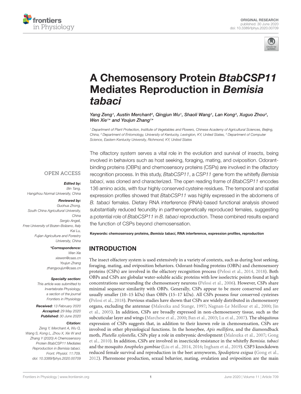 A Chemosensory Protein Btabcsp11 Mediates Reproduction in Bemisia Tabaci