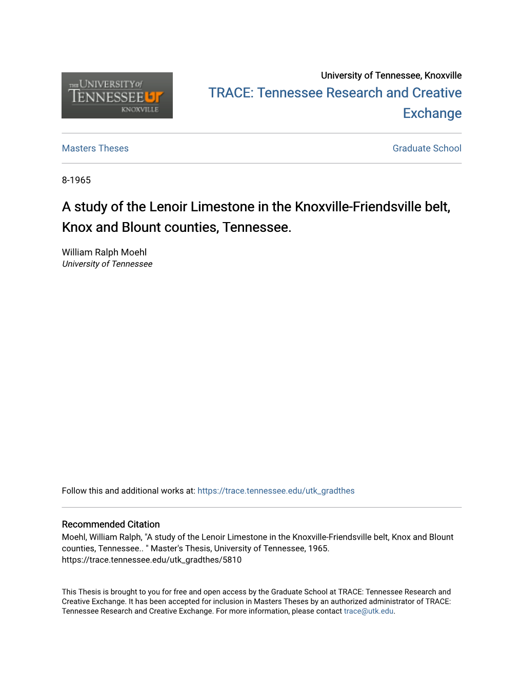 A Study of the Lenoir Limestone in the Knoxville-Friendsville Belt, Knox and Blount Counties, Tennessee