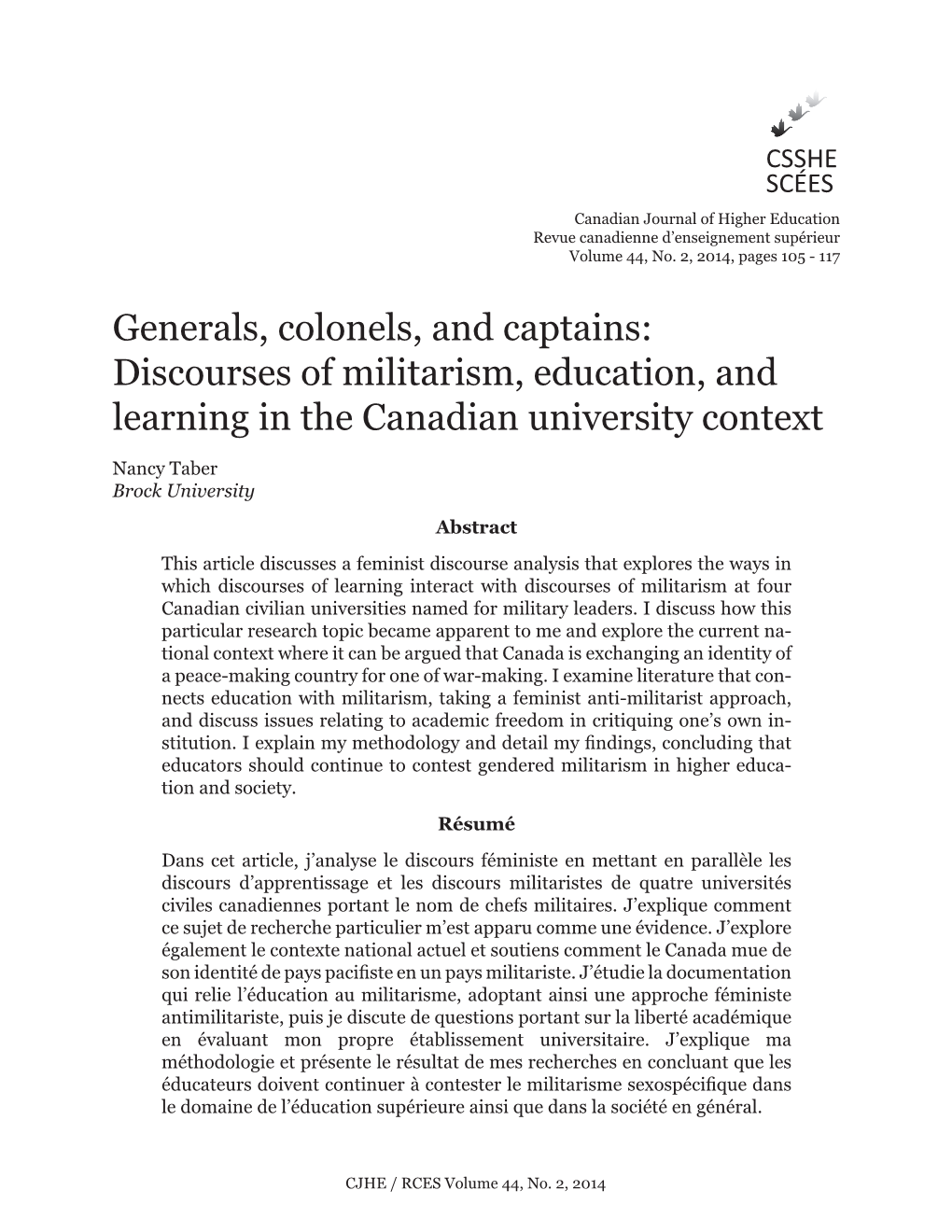 Generals, Colonels, and Captains: Discourses of Militarism, Education, and Learning in the Canadian University Context