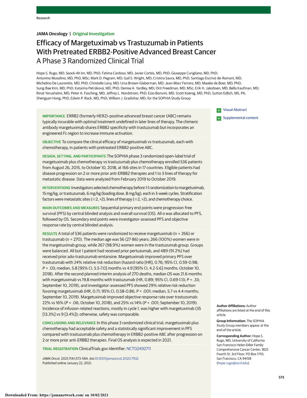 Efficacy of Margetuximab Vs Trastuzumab in Patients with Pretreated ERBB2-Positive Advanced Breast Cancer a Phase 3 Randomized Clinical Trial