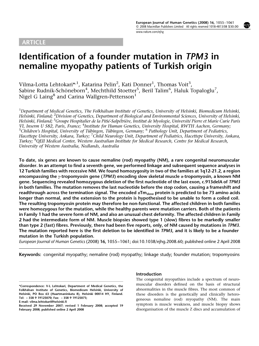 Identification of a Founder Mutation in TPM3 in Nemaline Myopathy Patients of Turkish Origin