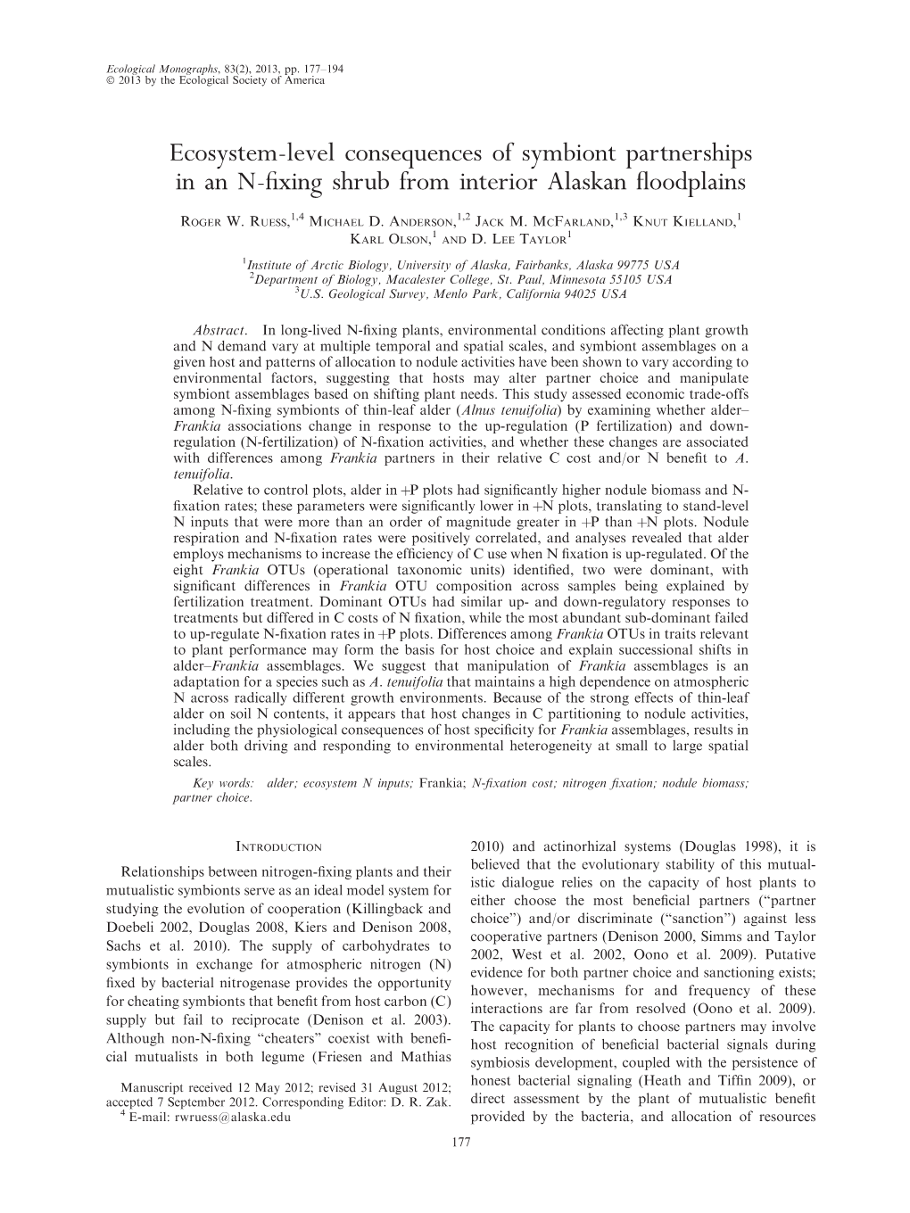 Ecosystem-Level Consequences of Symbiont Partnerships in an N-Fixing Shrub from Interior Alaskan Floodplains