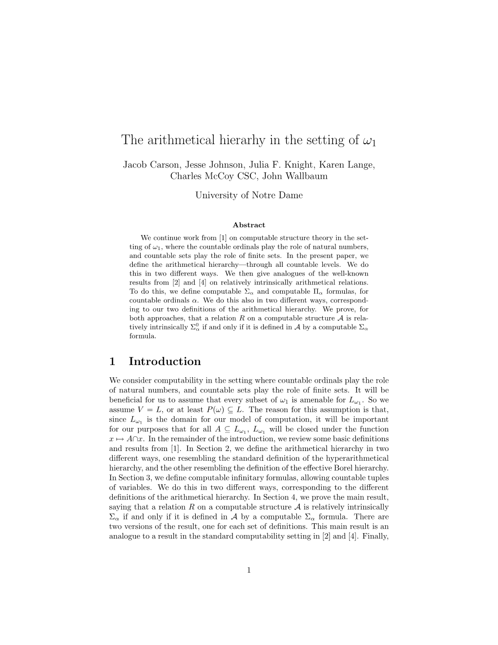 The Arithmetical Hierarchy in the Setting of Ω 1 Computability