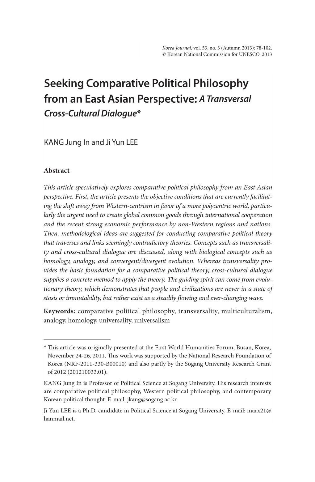 Seeking Comparative Political Philosophy from an East Asian Perspective: a Transversal Cross-Cultural Dialogue*