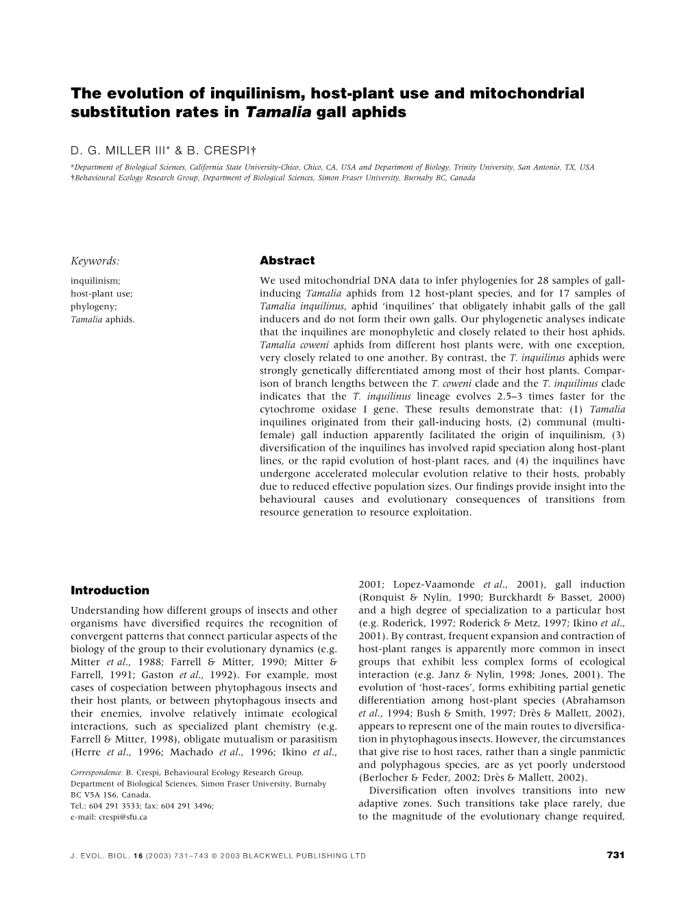 The Evolution of Inquilinism, Host-Plant Use and Mitochondrial Substitution Rates in Tamalia Gall Aphids