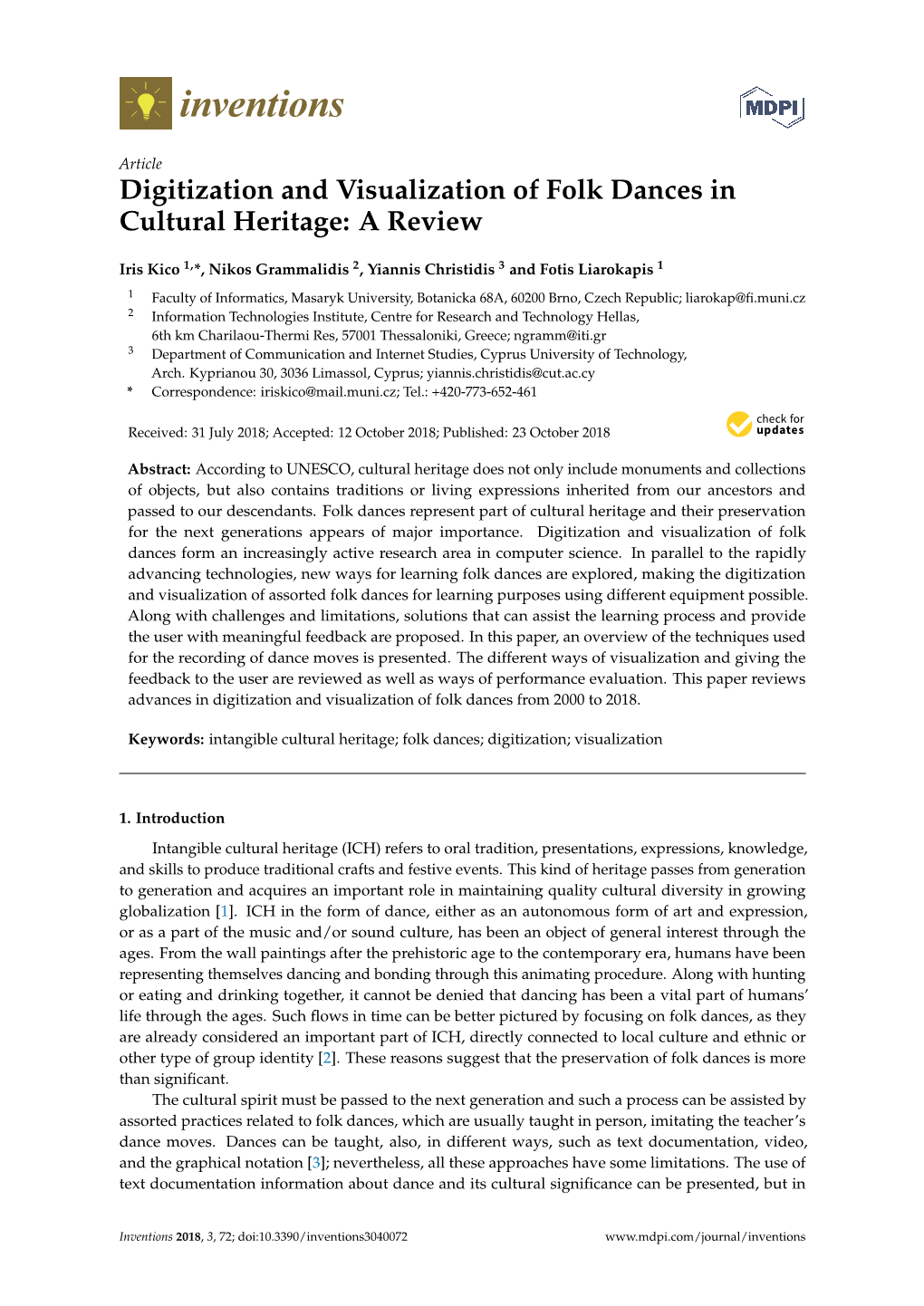 Digitization and Visualization of Folk Dances in Cultural Heritage: a Review