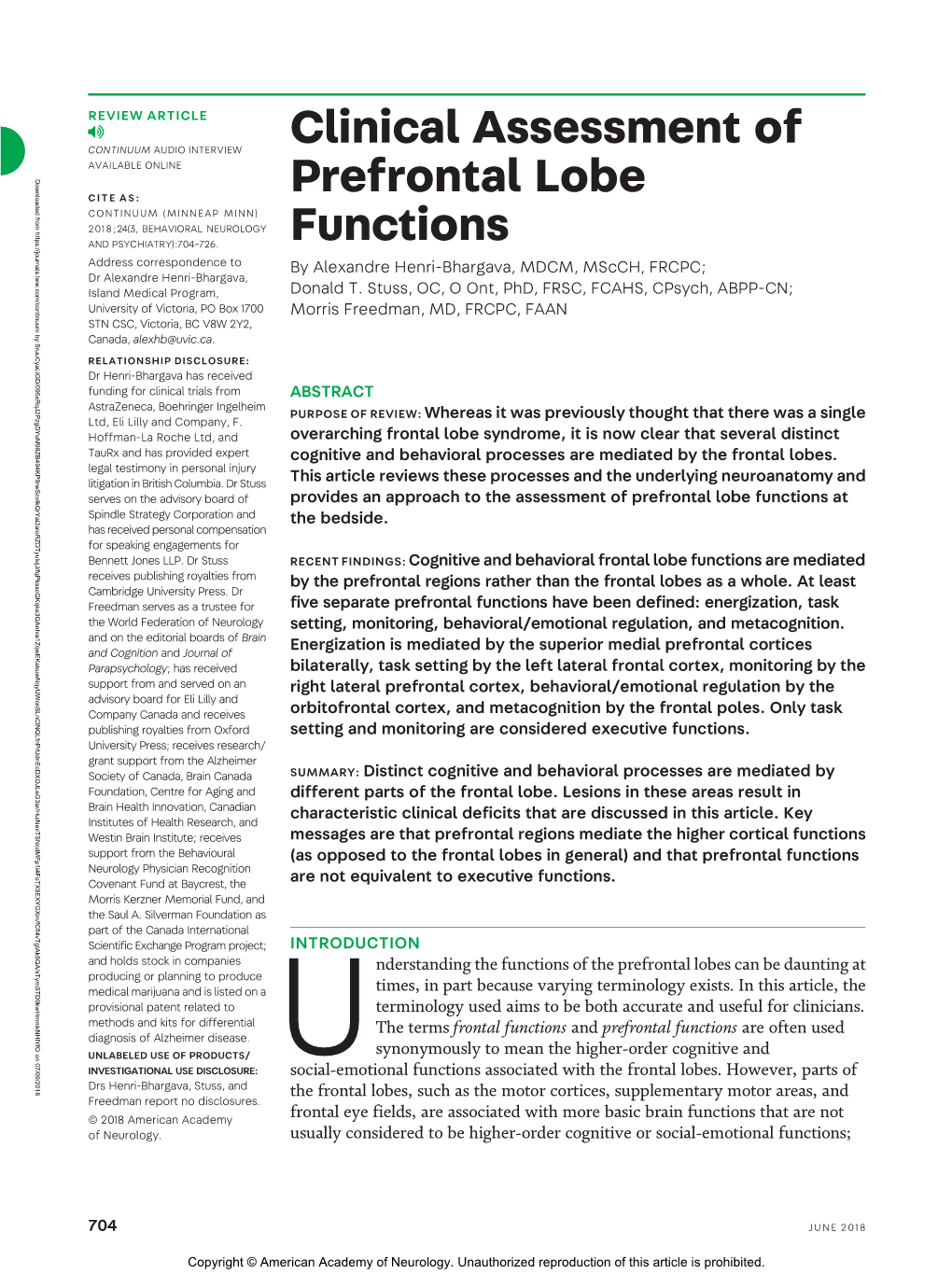 Clinical Assessment of Prefrontal Lobe Functions by Alexandre Henri-Bhargava, MDCM, Mscch, FRCPC; Donald T