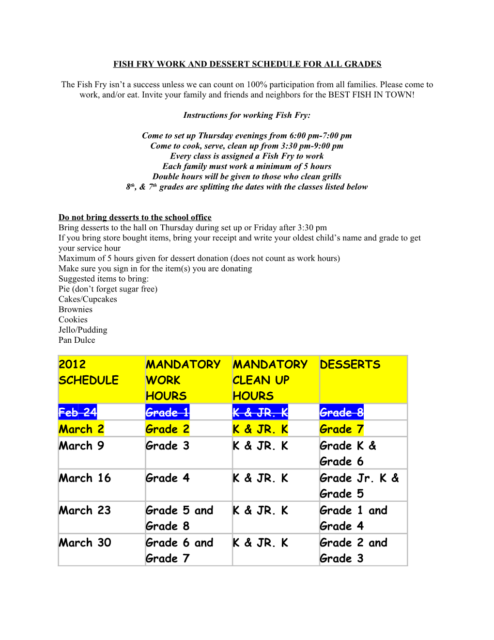 Fish Fry Work and Dessert Schedule for All Grades