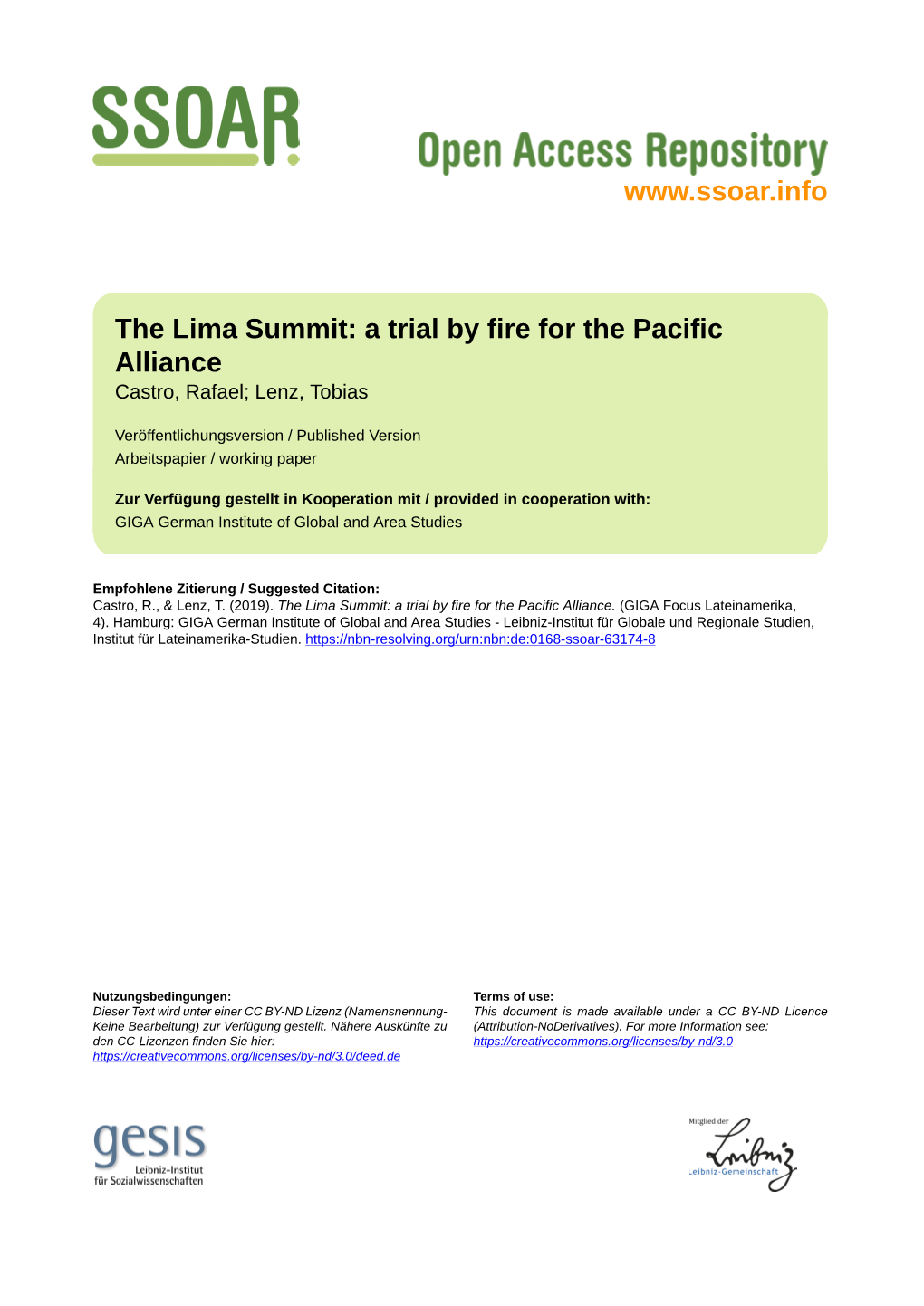 The Lima Summit: a Trial by Fire for the Pacific Alliance Castro, Rafael; Lenz, Tobias