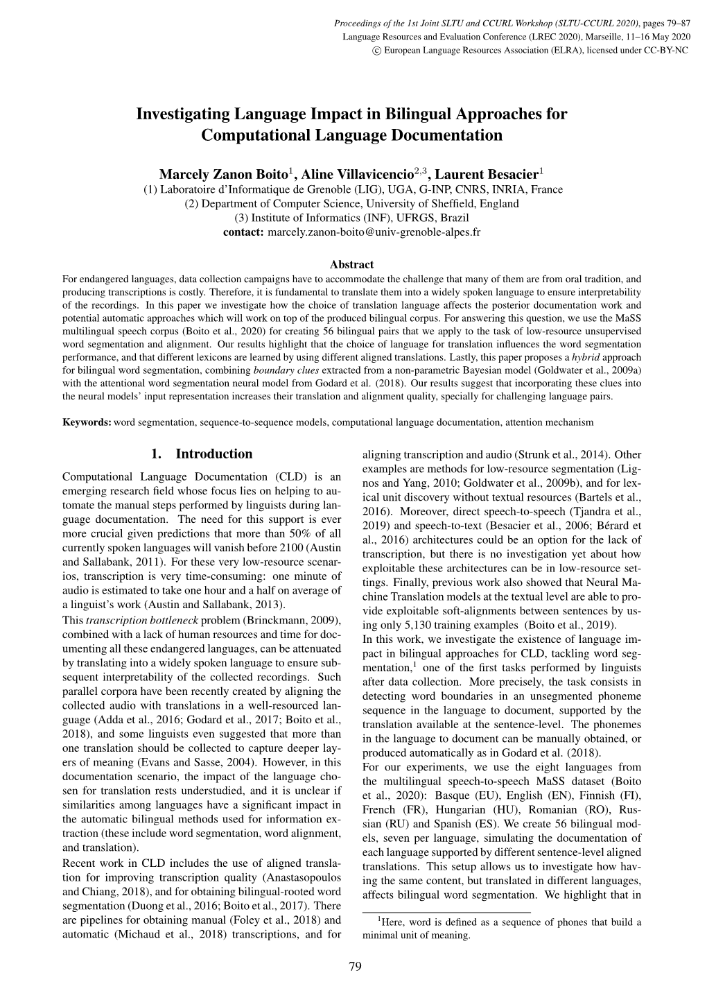 Investigating Language Impact in Bilingual Approaches for Computational Language Documentation