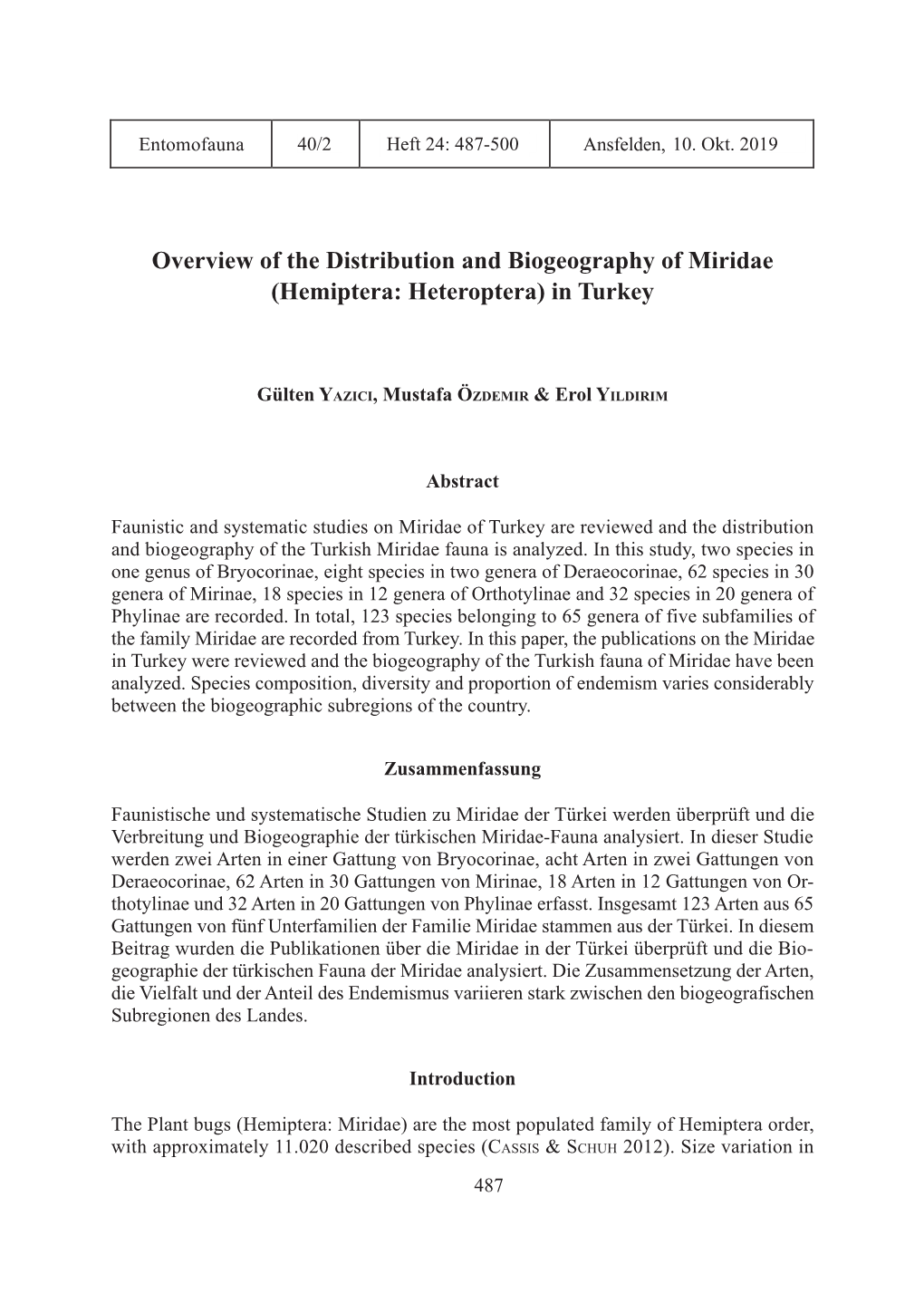 Overview of the Distribution and Biogeography of Miridae