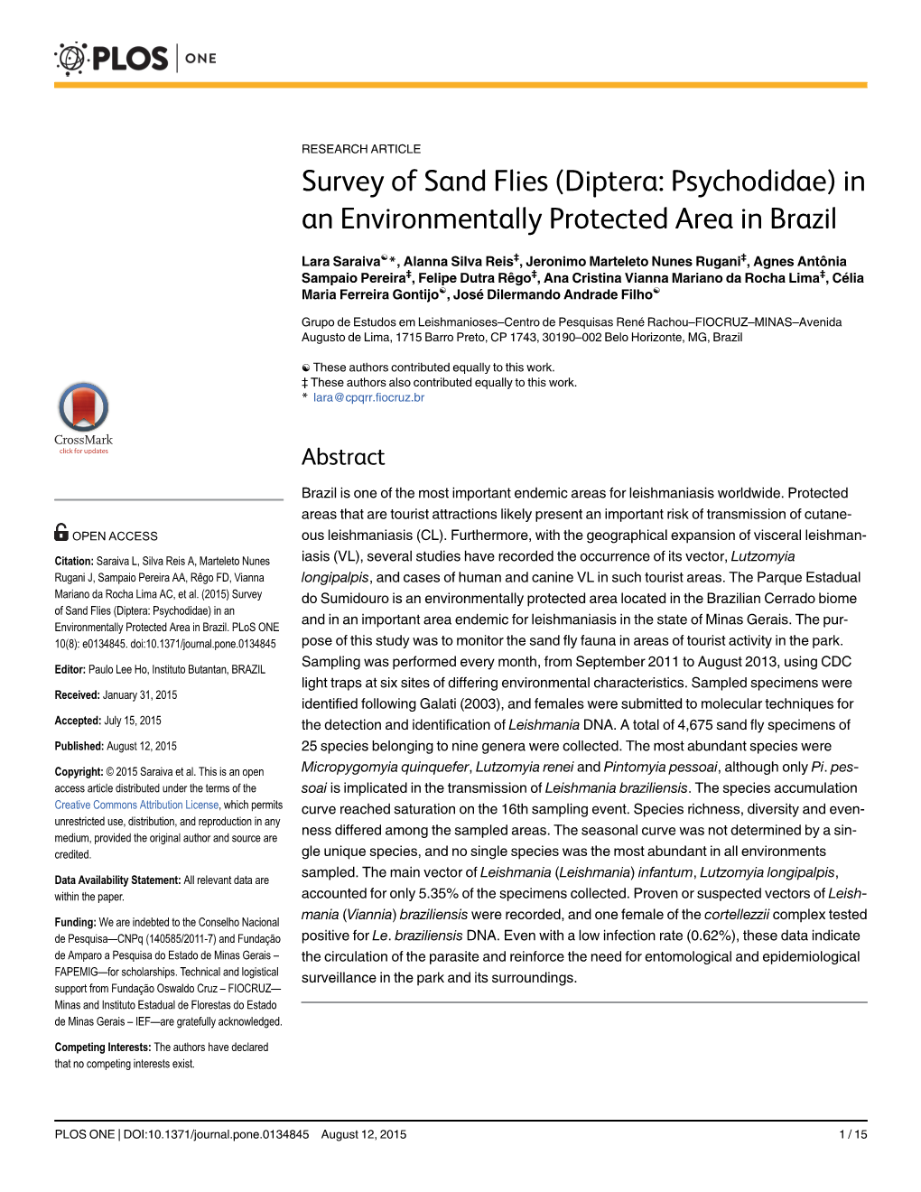 Survey of Sand Flies (Diptera: Psychodidae) in an Environmentally Protected Area in Brazil