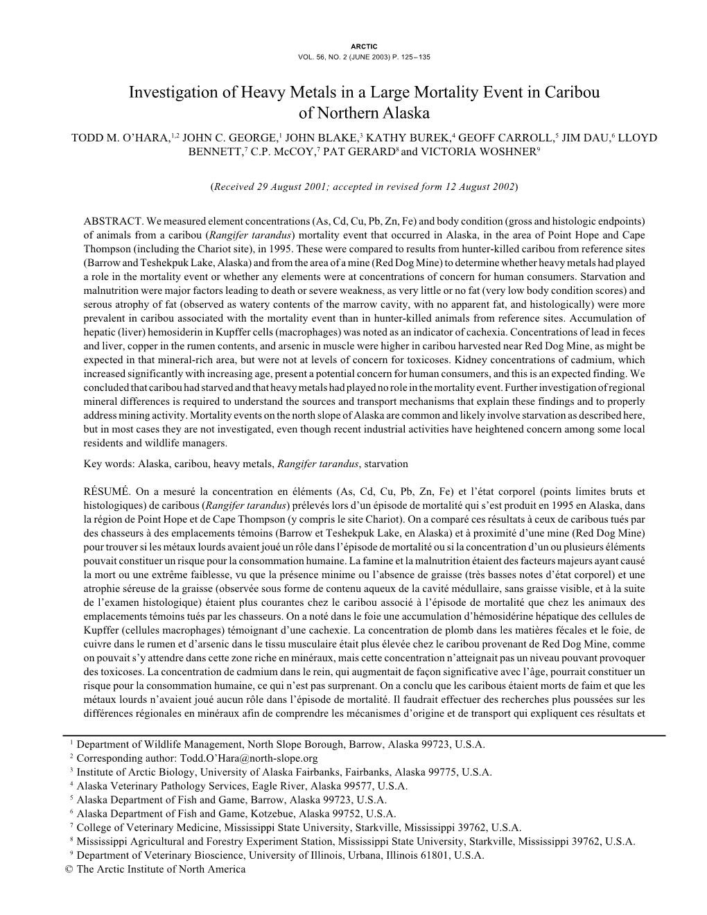 Investigation of Heavy Metals in a Large Mortality Event in Caribou of Northern Alaska TODD M