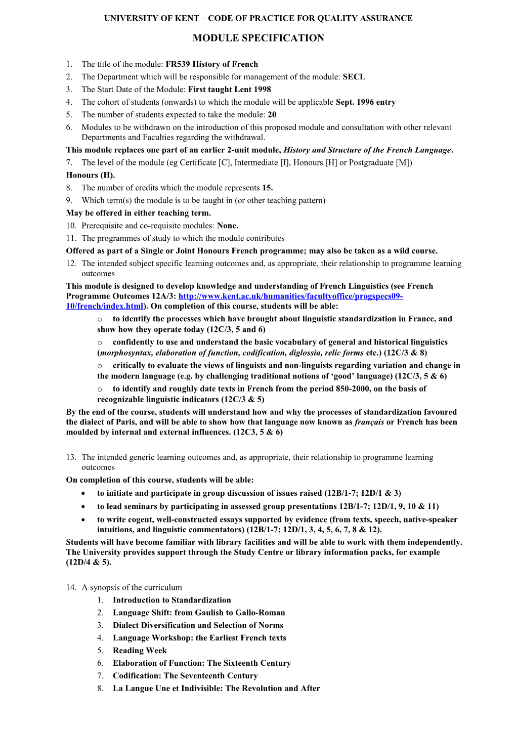 University of Kent Code of Practice for Quality Assurance