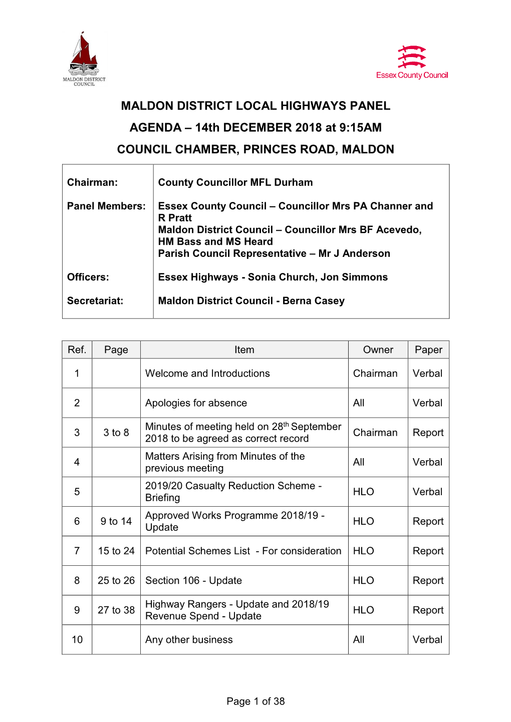 14Th DECEMBER 2018 at 9:15AM COUNCIL CHAMBER, PRINCES ROAD, MALDON