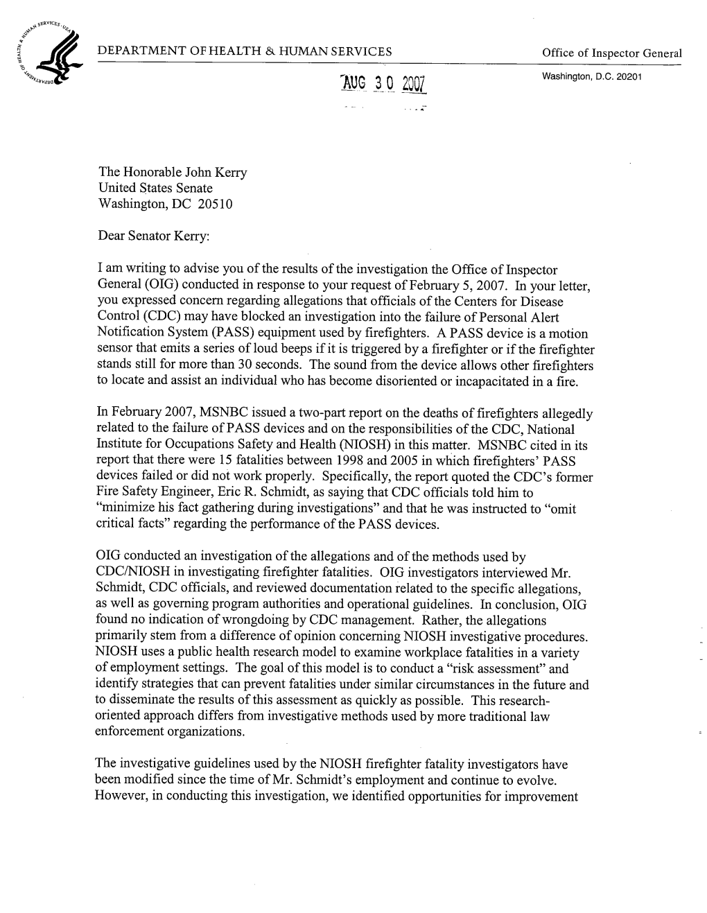 Letter to Senator John Kerry from the Department of Health