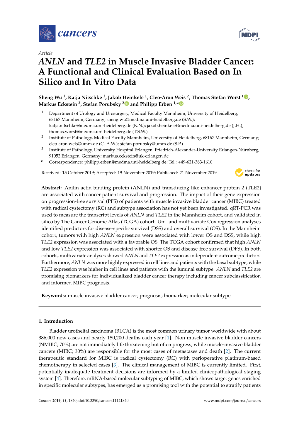 ANLN and TLE2 in Muscle Invasive Bladder Cancer: a Functional and Clinical Evaluation Based on in Silico and in Vitro Data