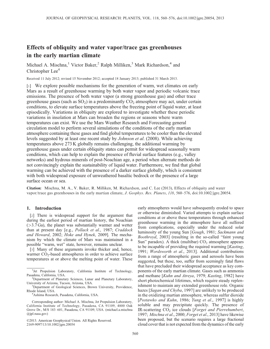 Effects of Obliquity and Water Vapor/Trace Gas Greenhouses in the Early Martian Climate Michael A