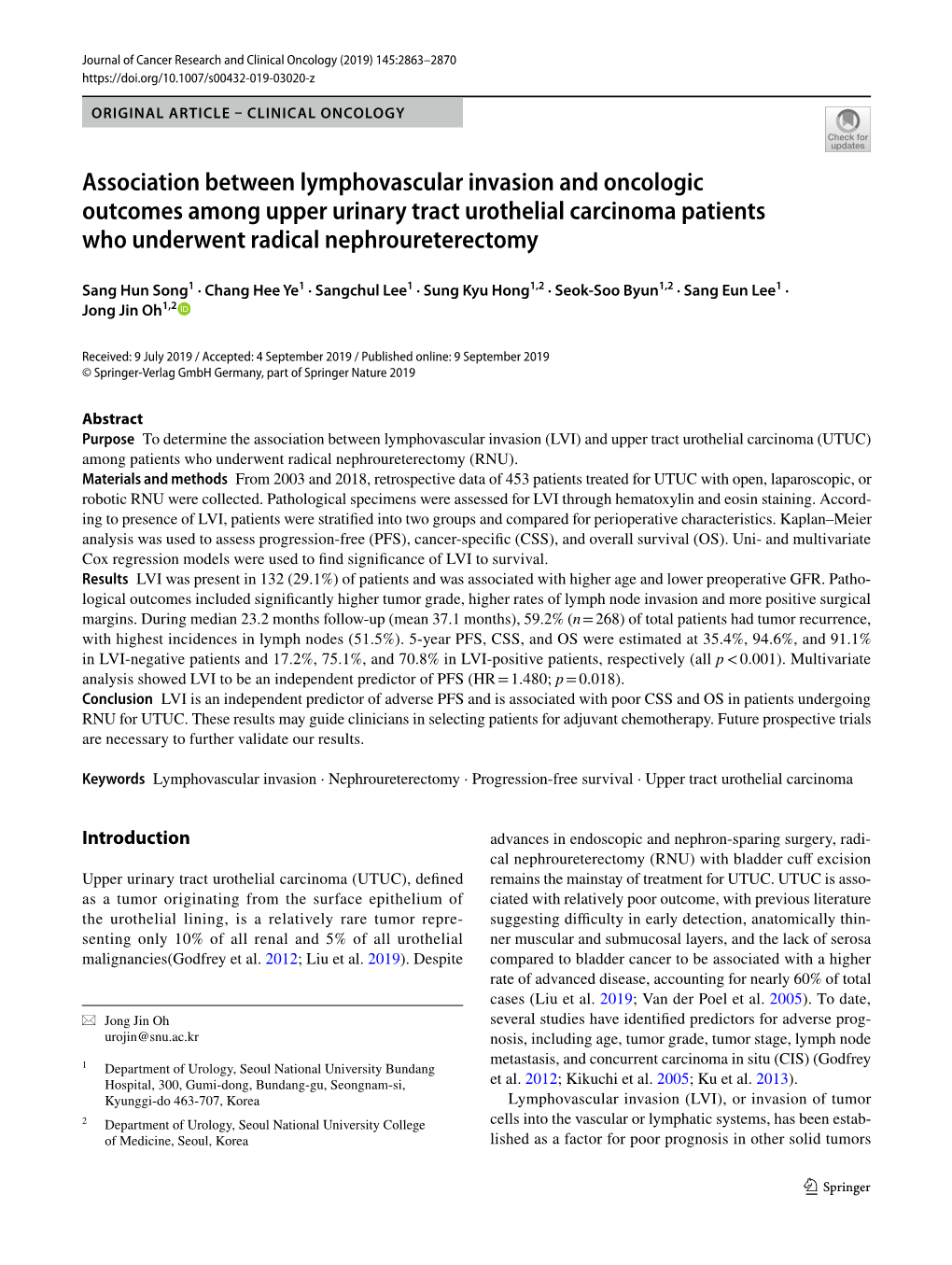 Association Between Lymphovascular Invasion and Oncologic Outcomes Among Upper Urinary Tract Urothelial Carcinoma Patients Who Underwent Radical Nephroureterectomy