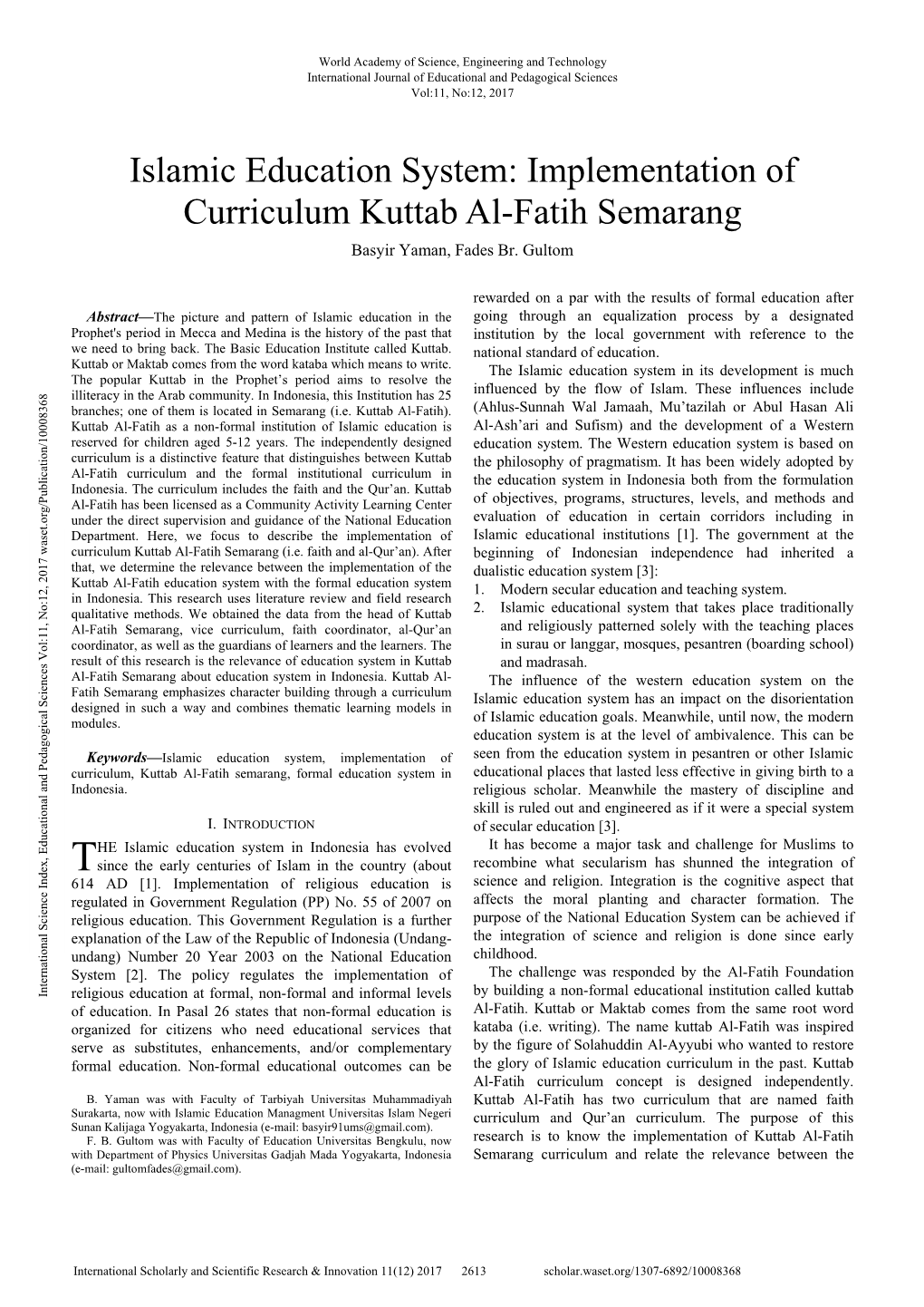 Implementation of Curriculum Kuttab Al-Fatih Semarang Basyir Yaman, Fades Br