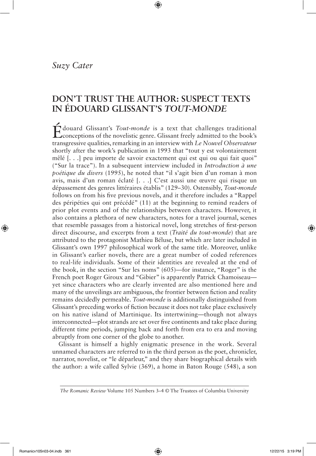 Suzy Cater DON't TRUST the AUTHOR: SUSPECT TEXTS IN