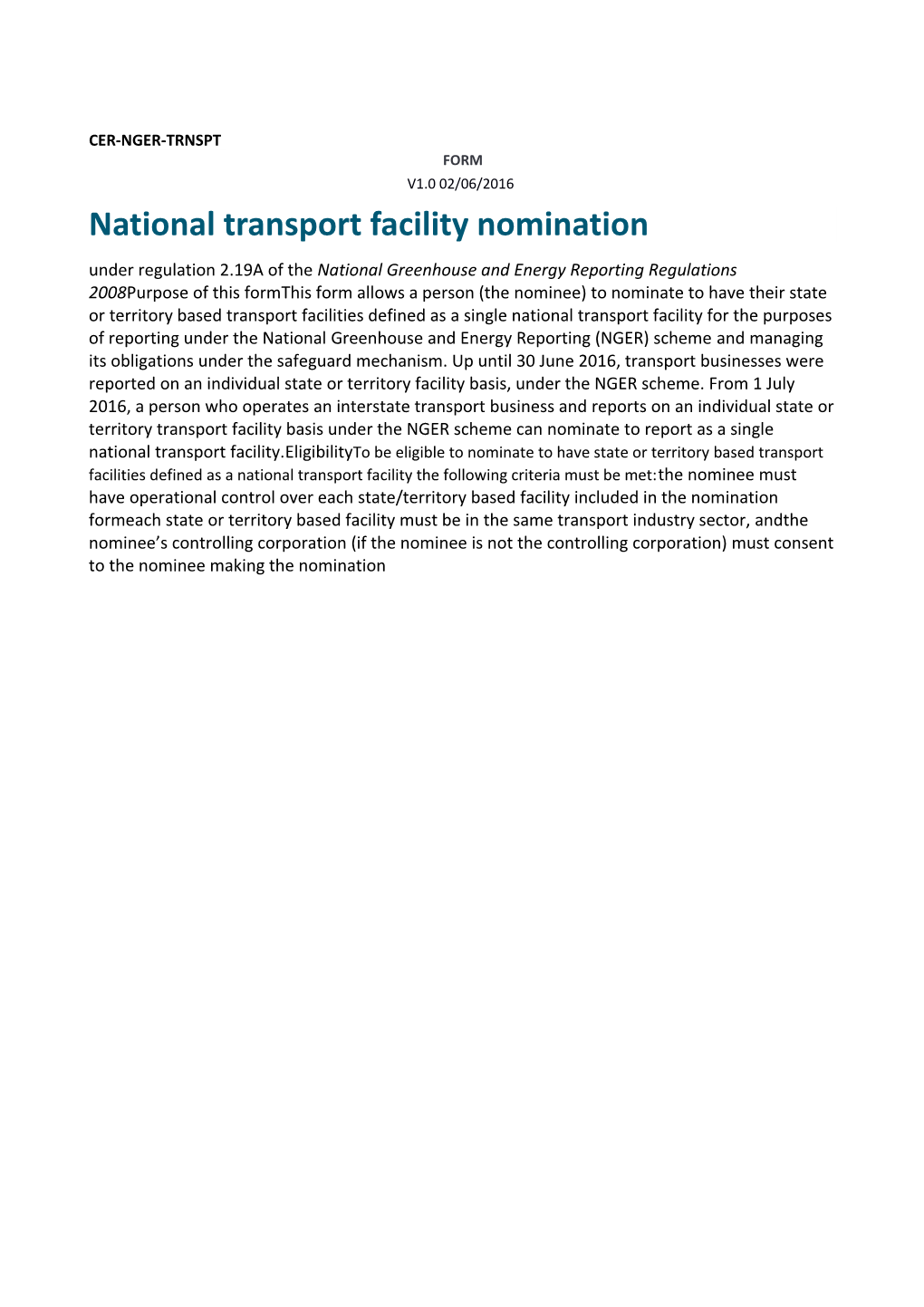 CER NGER National Transport Facility Form - June 2016