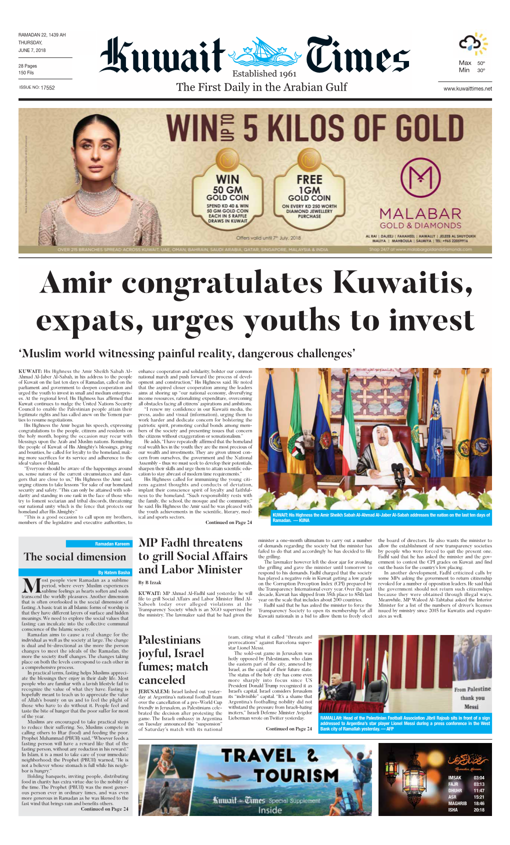 Amir Congratulates Kuwaitis, Expats, Urges Youths to Invest ‘Muslim World Witnessing Painful Reality, Dangerous Challenges’
