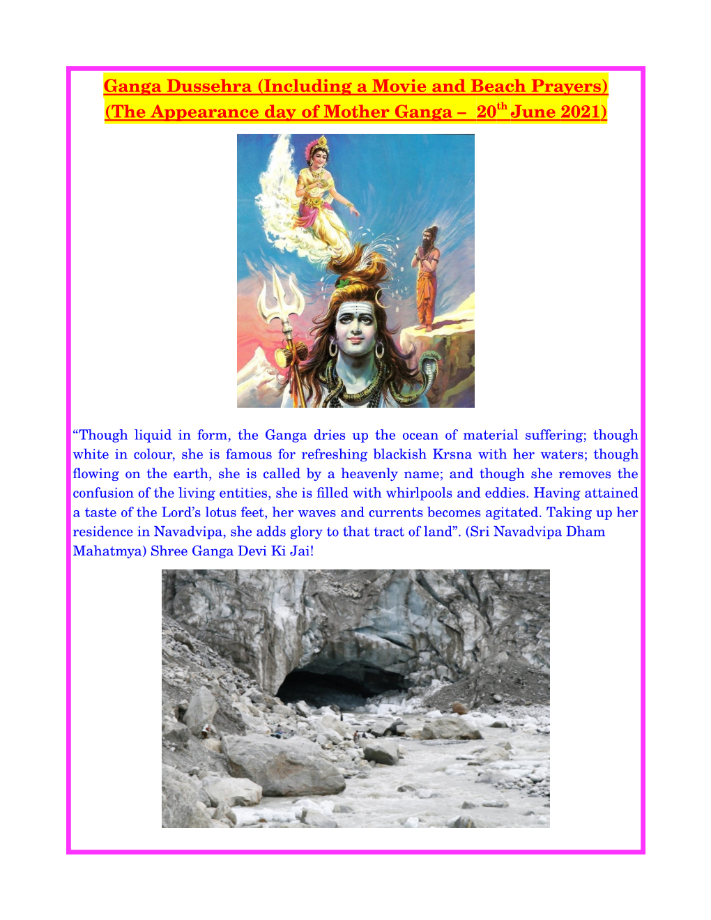 Ganga Dussehra (Including a Movie and Beach Prayers) (The Appearance Day of Mother Ganga – 20 Th June 2021 )