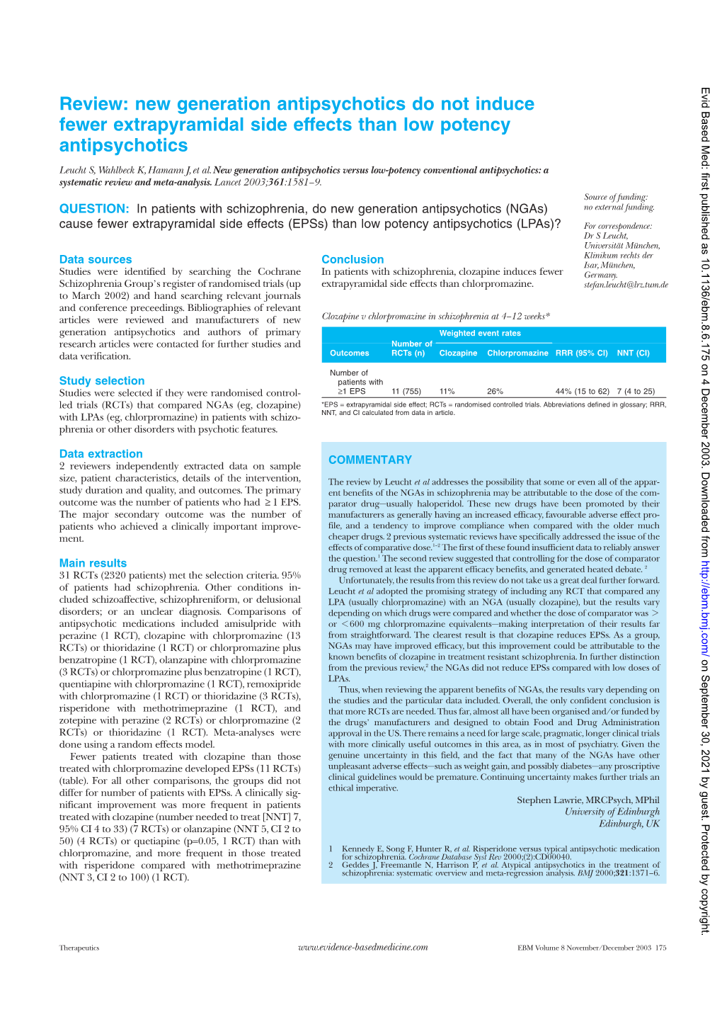 Review: New Generation Antipsychotics Do Not Induce Fewer Extrapyramidal Side Effects Than Low Potency Antipsychotics